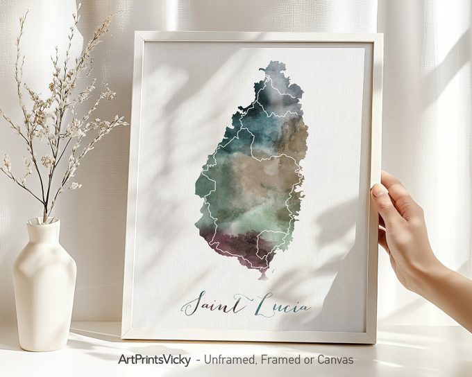 Art print of Saint Lucia in watercolor style, framed and held by a hand.