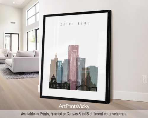 Saint Paul city print featuring the Cathedral of Saint Paul, Minnesota State Capitol, iconic landmarks, and vibrant neighborhoods in a textured Distressed 1 style. by ArtPrintsVicky.