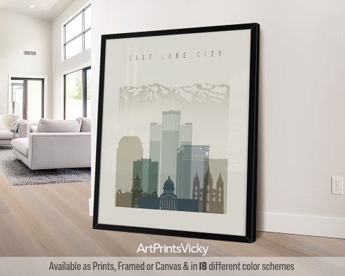 Salt Lake City wall art print in Earth Tones 1 theme, modern city print by ArtPrintsVicky