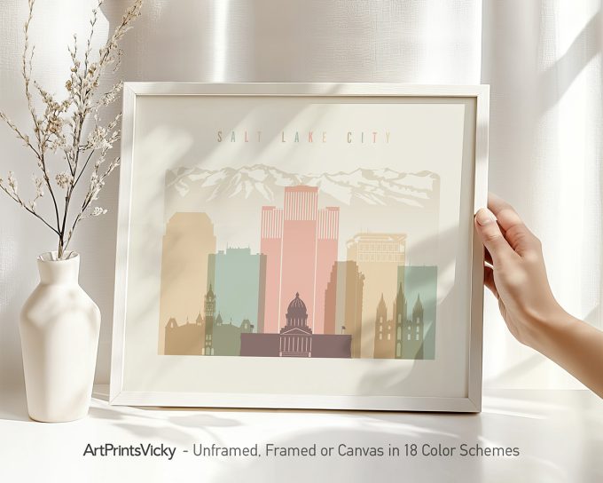 Art print of Salt Lake City skyline featuring buildings in pastel colors within a white frame.