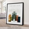 Art print featuring a stylized skyline of Salt Lake City with various buildings and a soft color palette.