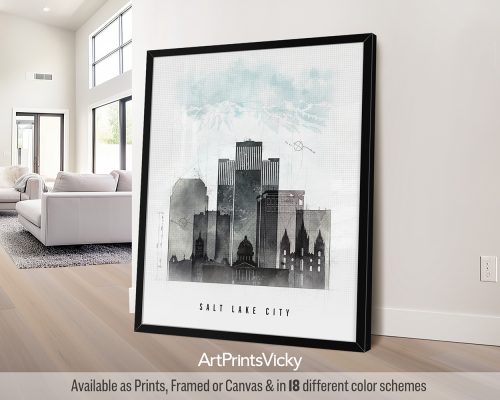 Salt Lake City skyline with iconic buildings and the Wasatch Mountains in a minimalist Urban 1 style by ArtPrintsVicky.