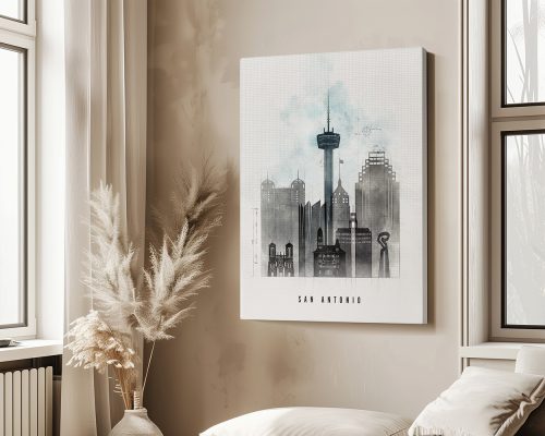 Artistic depiction of San Antonio skyline with notable buildings and a tower in a minimalist style.