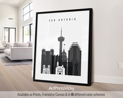 Black and white San Antonio travel poster featuring iconic landmarks like the Alamo in a bold, graphic style. by ArtPrintsVicky.