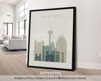 Framed print of a cityscape featuring San Antonio's skyline with notable buildings.
