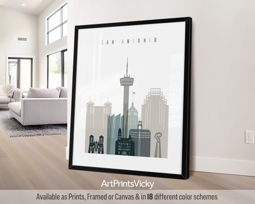 San Antonio modern art print in cool Earth Tones 4. Features Alamo, and vibrant skyline by ArtPrintsVicky