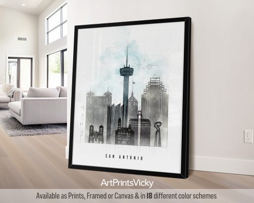 San Antonio city skyline print featuring the Riverwalk, the Alamo, iconic landmarks, and the cityscape in a bold Urban 1 style with strong lines, by ArtPrintsVicky.