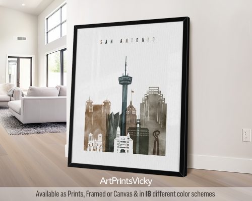 San Antonio skyline featuring iconic landmarks and historic architecture in a rich and expressive Earthy Watercolor 2 style, by ArtPrintsVicky.