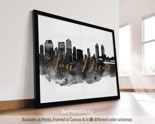Black and white watercolor art print featuring a breathtaking vista of the San Diego cityscape with iconic landmarks. The city's name is written in a bold faux gold font in the middle of the print. by ArtPrintsVicky.