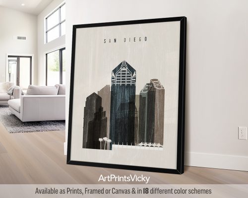 San Diego city skyline print featuring the iconic landmarks, and vibrant cityscape in a textured and vintage Distressed 2 style, by ArtPrintsVicky.