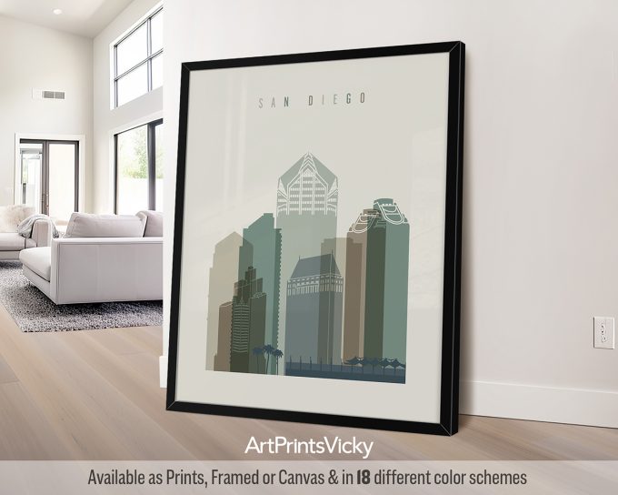 Art print featuring a stylized cityscape of San Diego with modern buildings in muted colors.