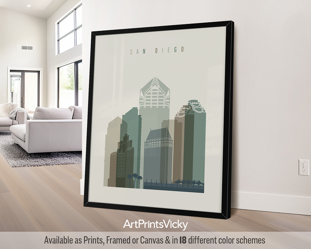 San Diego city skyline print in Earth Tones 1 by ArtPrintsVicky