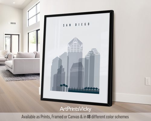 San Diego city skyline poster in a cool grey blue color palette by ArtPrintsVicky