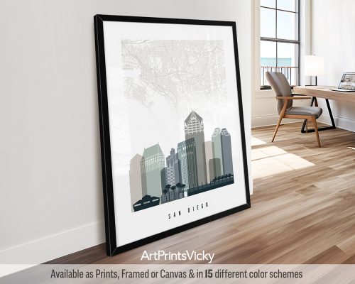 San Diego skyline & map poster featuring iconic landmarks, and a street layout in a cool and natural Earth Tones 4 palette, by ArtPrintsVicky.