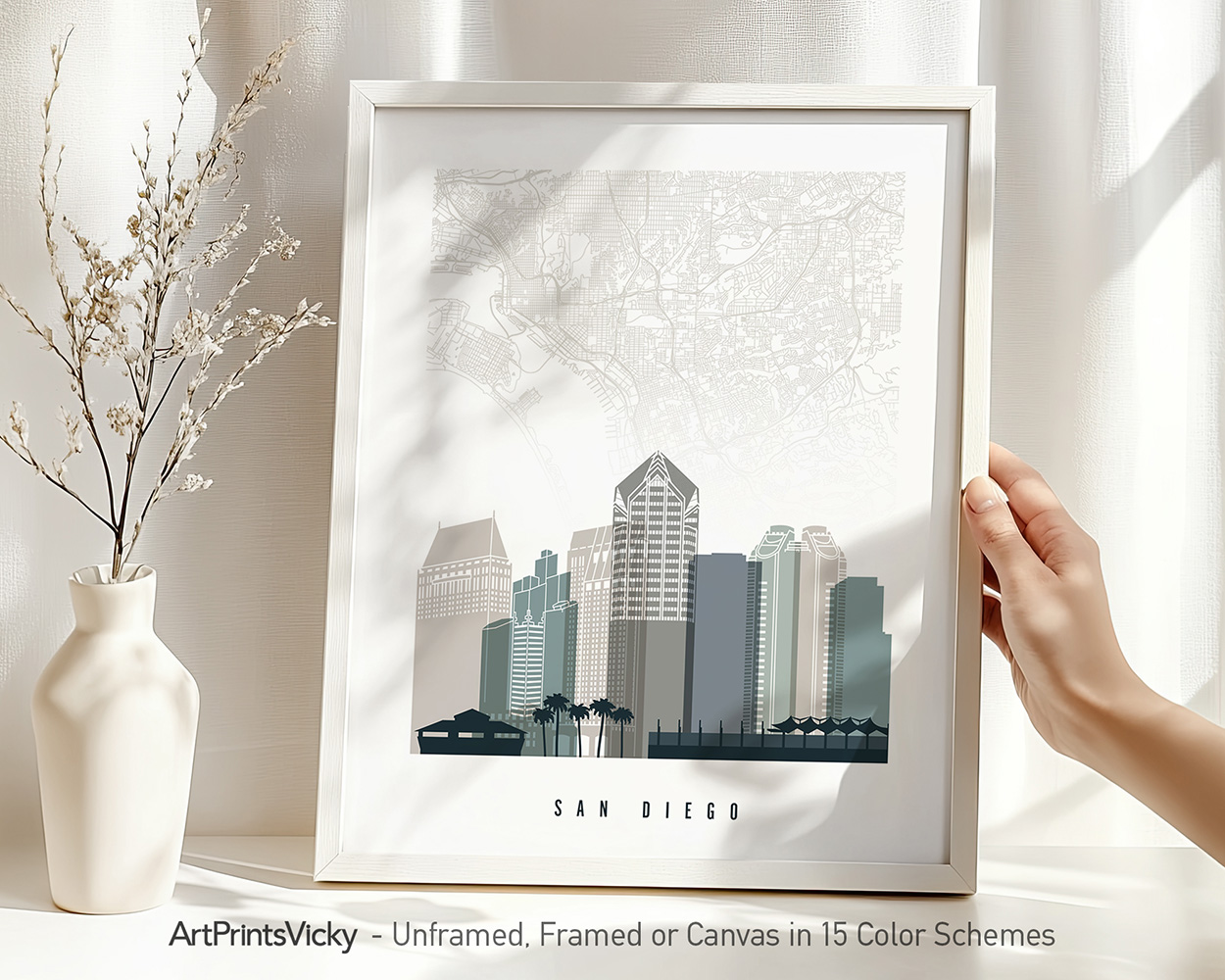 San Diego skyline & map poster featuring iconic landmarks, and a street layout in a cool and natural Earth Tones 4 palette, by ArtPrintsVicky.