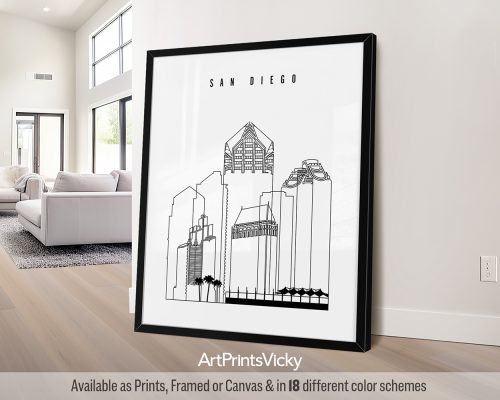 Black outline minimalist San Diego skyline poster by ArtPrintsVicky