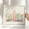 Art print featuring a stylized cityscape of San Diego with pastel colors and geometric shapes.