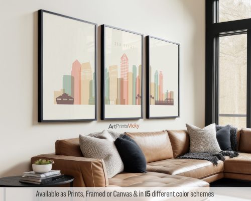 San Diego skyline triptych featuring iconic landmarks, vibrant cityscape, in a warm Pastel Cream palette, divided into three minimalist prints. by ArtPrintsVicky.