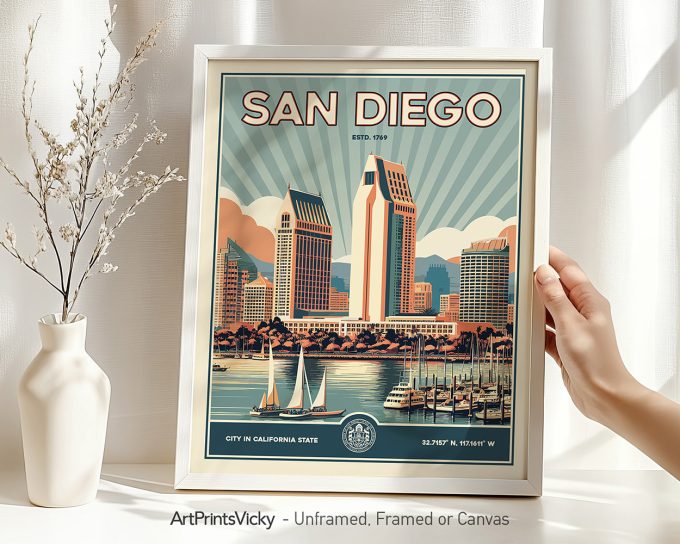 Framed retro art print of San Diego featuring buildings and sailboats in the foreground.