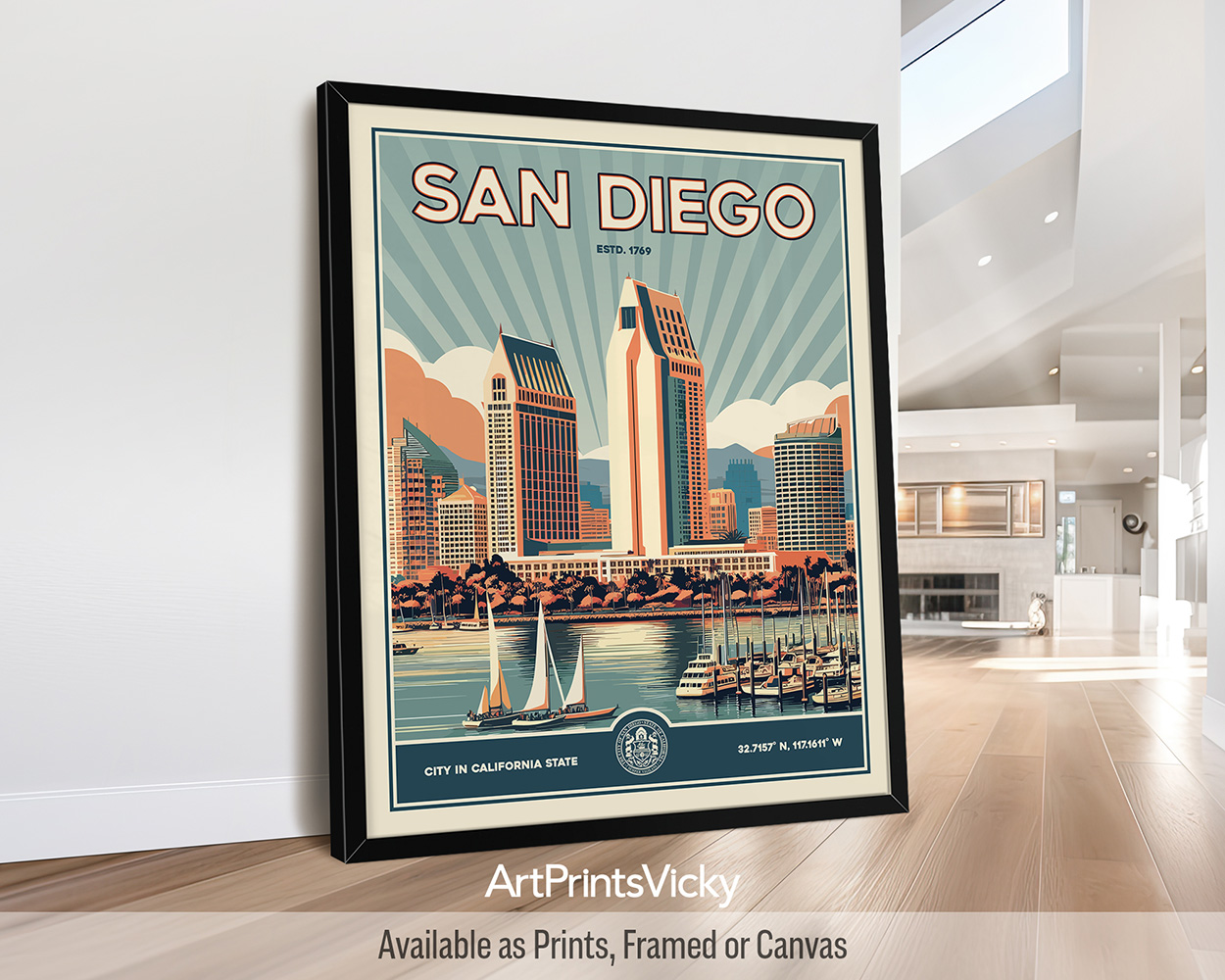 San Diego Print Inspired by Retro Travel Art by ArtPrintsVicky