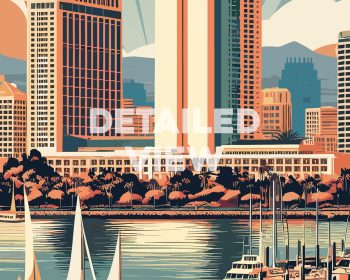 Illustration of a retro San Diego cityscape with buildings and sailboats in the foreground.