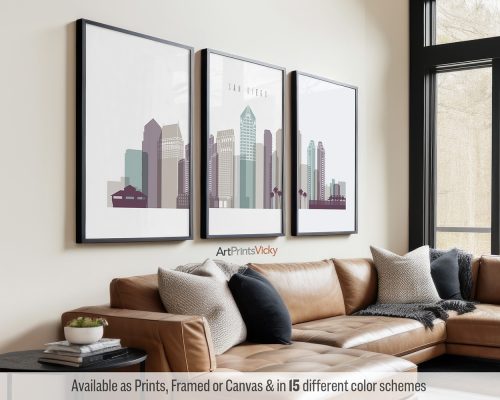 San Diego skyline triptych featuring iconic landmarks and the vibrant cityscape in a cool Pastel 2 color palette, divided into three prints. by ArtPrintsVicky.