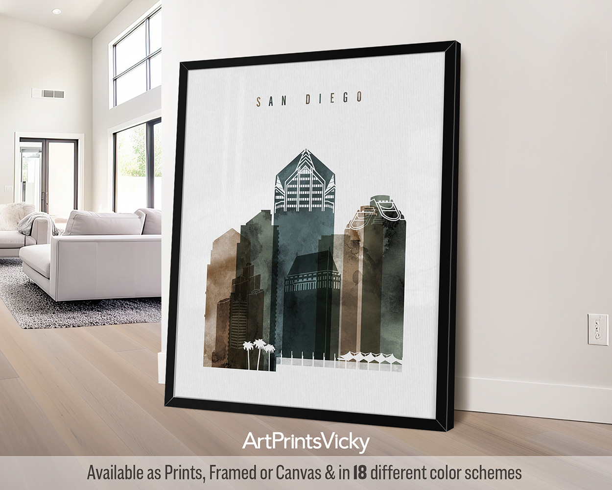 San Diego skyline featuring the iconic landmarks, and the vibrant cityscape in a warm and textured Earthy Watercolor 2 style, by ArtPrintsVicky.