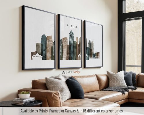 San Diego skyline triptych featuring iconic landmarks, the vibrant cityscape in a rich and textured earthy Watercolor 2 style, divided into three contemporary prints. by ArtPrintsVicky.