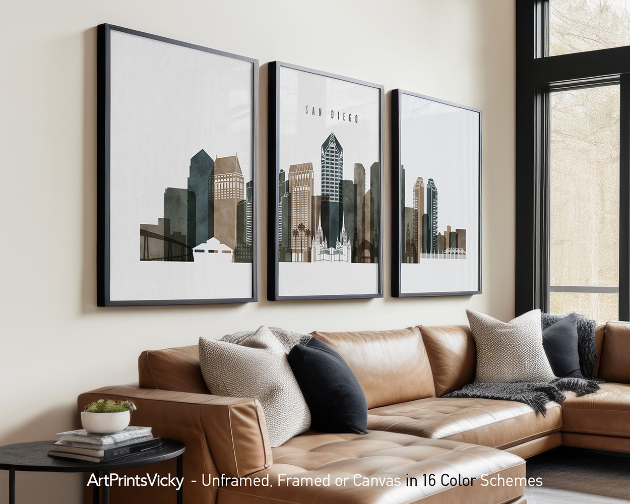 San Diego skyline triptych featuring iconic landmarks, the vibrant cityscape in a rich and textured earthy Watercolor 2 style, divided into three contemporary prints. by ArtPrintsVicky.