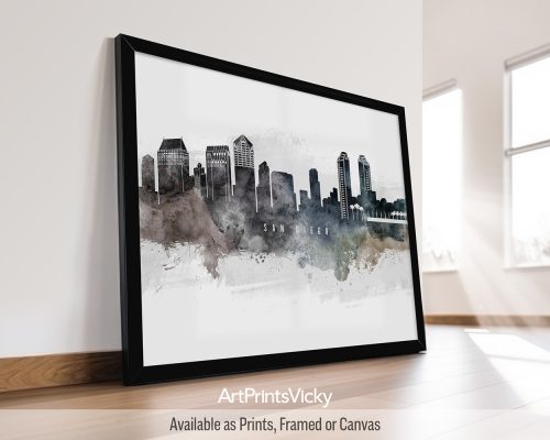 Watercolor art poster of the San Diego skyline, featuring iconic landmarks, by ArtPrintsVicky.