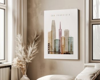 Art print of San Francisco skyline featuring various buildings and the Golden Gate Bridge.
