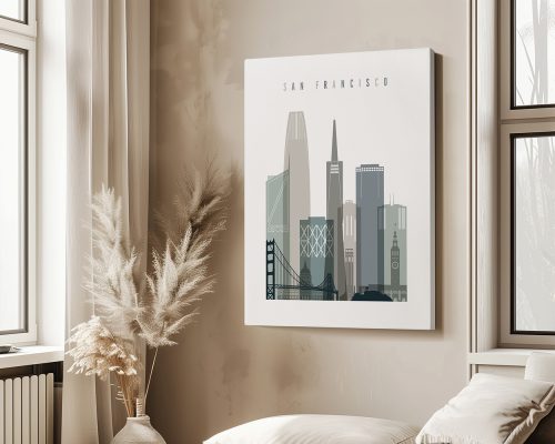 Stylized cityscape artwork of San Francisco featuring notable buildings and the Golden Gate Bridge.