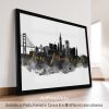 Black and gold cityscape print of San Francisco featuring the Golden Gate Bridge and skyline.