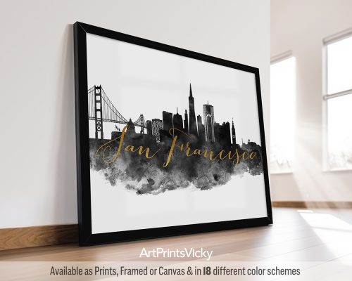Black and white watercolor art print featuring a breathtaking vista of the San Francisco cityscape with the iconic Golden Gate Bridge. The city's name, is written in a bold faux gold font in the middle of the print. by ArtPrintsVicky.