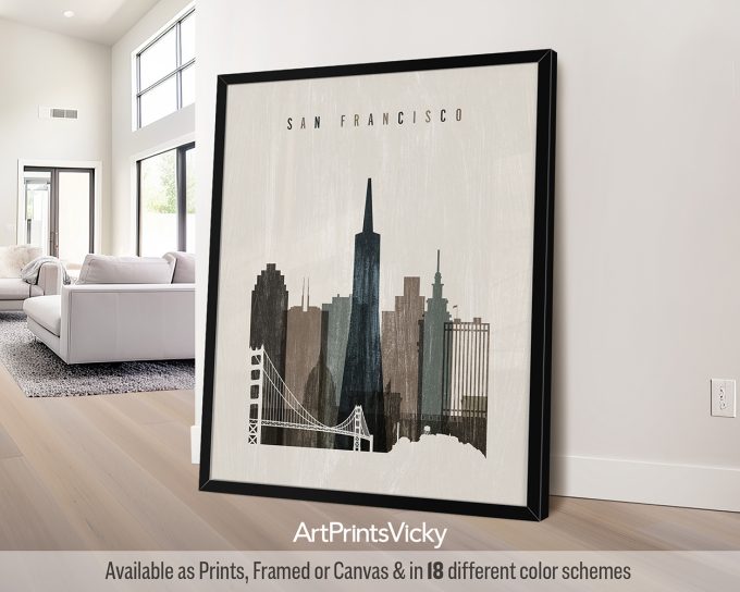 Framed print of a San Francisco cityscape featuring the skyline and Golden Gate Bridge.