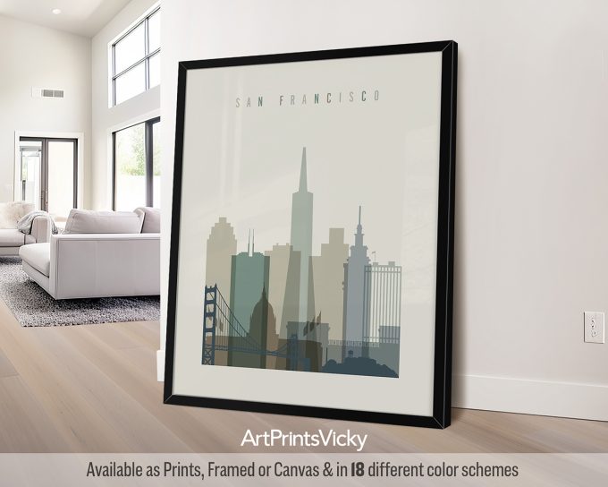 Framed print of a San Francisco cityscape featuring iconic buildings and the Golden Gate Bridge.