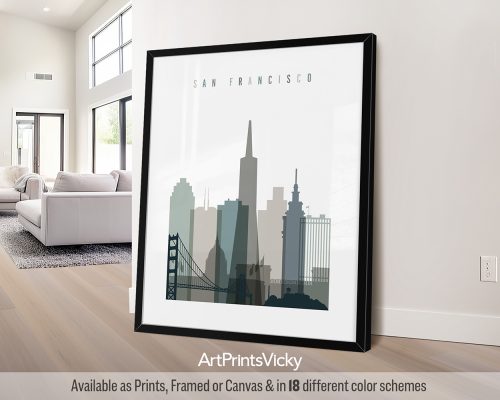 San Francisco modern art print in cool Earth Tones 4. Features the Golden Gate Bridge, architecture, and a coastal vibe by ArtPrintsVicky