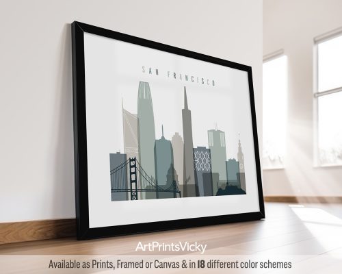 Panoramic San Francisco city skyline rendered in a cool Earth Tones 4 palette by ArtPrintsVicky