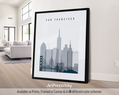 San Francisco city skyline poster featuring the Golden Gate Bridge in a grey blue color palette by ArtPrintsVicky