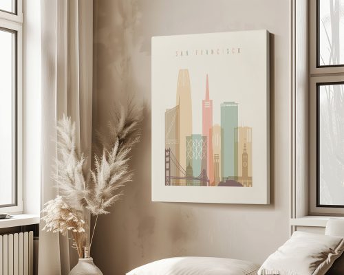 Art print of a stylized San Francisco skyline featuring notable buildings and the Golden Gate Bridge.