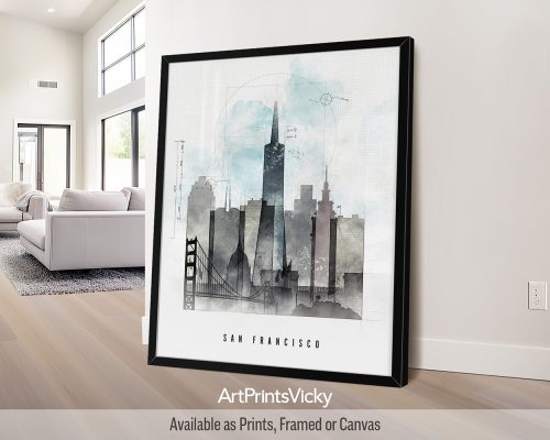 San Francisco wall art print featuring the Golden Gate Bridge, the Transamerica Pyramid, iconic landmarks, and hilly streets in a stylized and sophisticated Urban 1 theme. by ArtPrintsVicky.