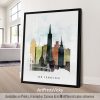 Framed artwork depicting a cityscape of San Francisco with iconic landmarks and a bridge.