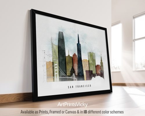 San Francisco landscape skyline featuring the Golden Gate Bridge, Transamerica Pyramid, and other landmarks in a bold, geometric Urban 2 style with vibrant colors, by ArtPrintsVicky.