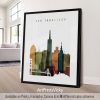 Art print featuring a stylized cityscape of San Francisco with iconic buildings and landmarks.