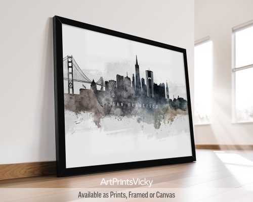 Watercolor art poster of the San Francisco skyline, featuring iconic landmarks, and vibrant colors by ArtPrintsVicky.