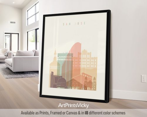Minimalist San Jose skyline print featuring San Jose City Hall and other iconic landmarks in a warm and inviting Pastel Cream palette, by ArtPrintsVicky.
