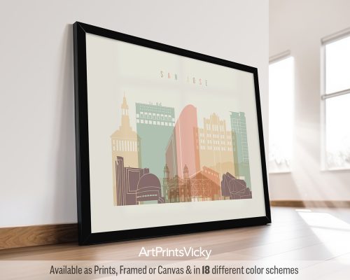 San Jose landscape minimalist city print featuring San Jose City Hall, the Santa Clara Valley hills, and other iconic landmarks in a warm and inviting Pastel Cream palette, by ArtPrintsVicky.