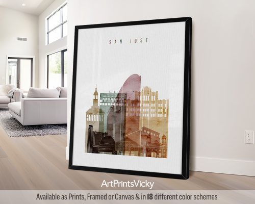 San Jose, California city art print featuring San Jose City Hall, the Tech Museum of Innovation, and the vibrant cityscape in a warm and textured Watercolor 1 style, by ArtPrintsVicky.