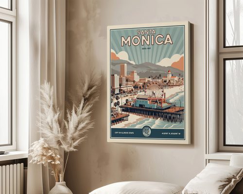 Retro-style poster of Santa Monica featuring the pier and a ferris wheel.