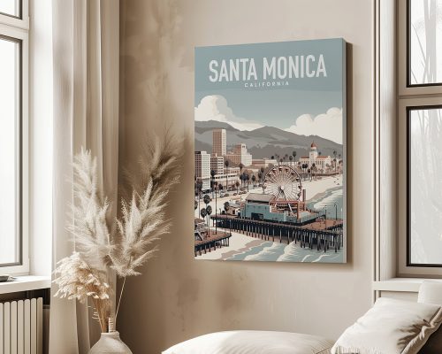 Art print depicting Santa Monica, California with a beach, pier, and mountains in the background.